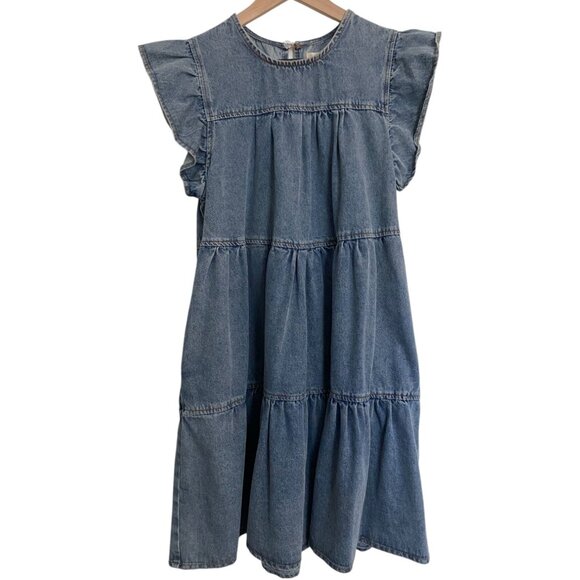 Altar'd State Tiered Ruffle Babydoll Denim Mini Dress A-Line Blue Medium - Picture 4 of 6